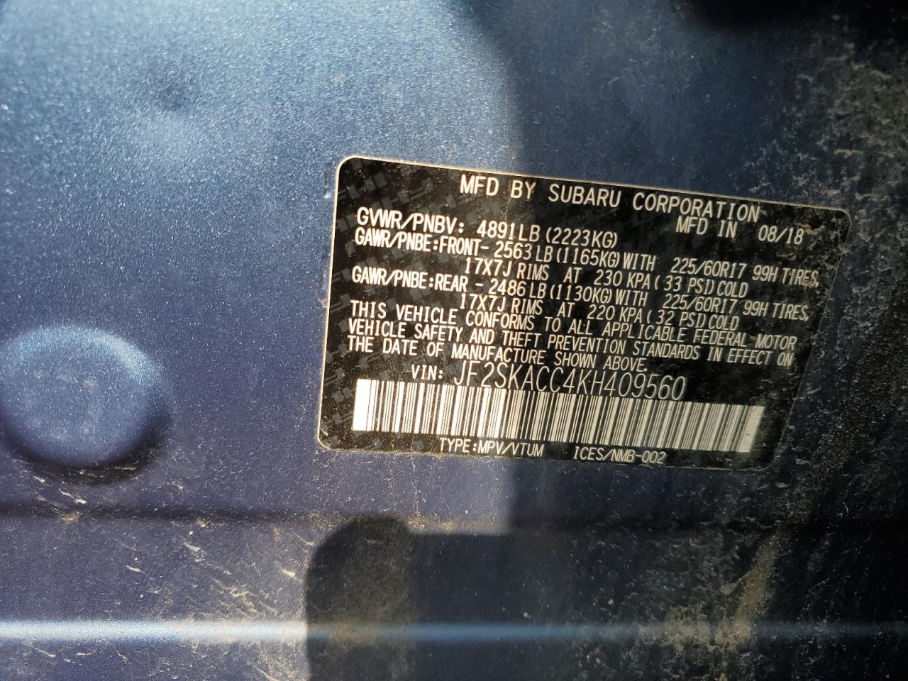 2019 Subaru Forester VIN: JF2SKACC4KH409560 Lot: 63113674