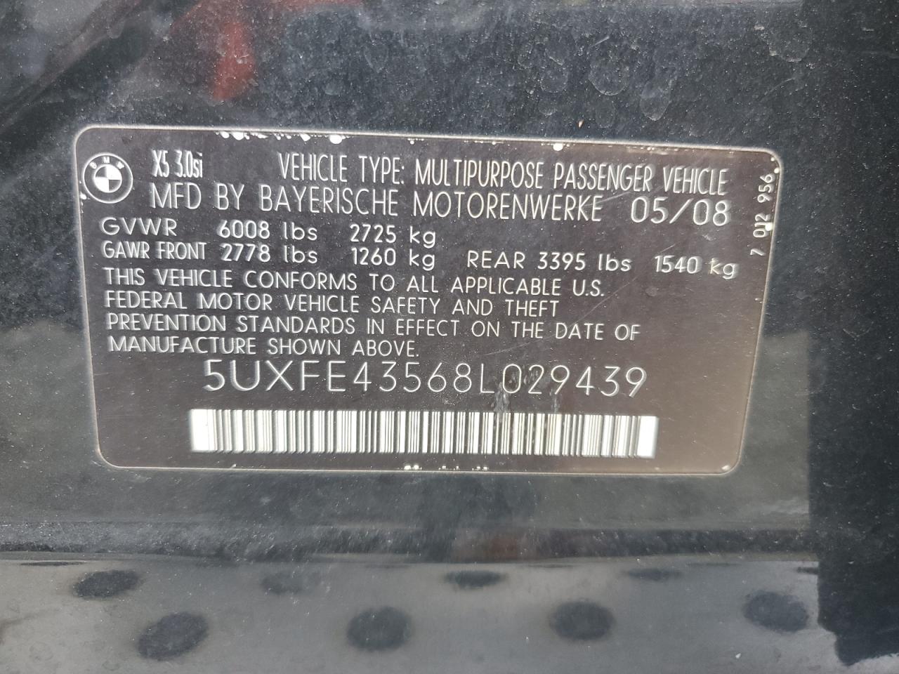 2008 BMW X5 3.0I VIN: 5UXFE43568L029439 Lot: 64155294