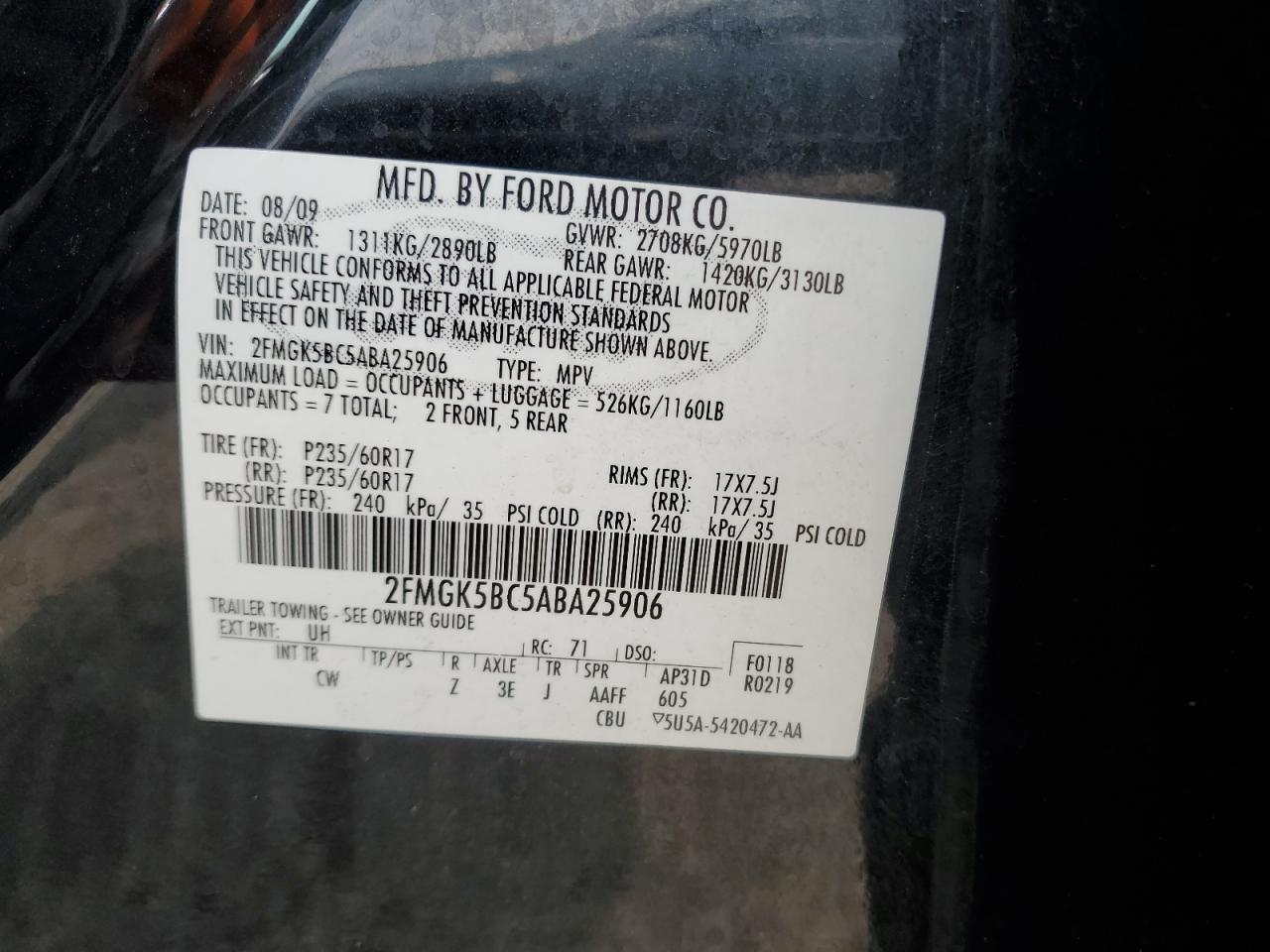 2010 Ford Flex Se VIN: 2FMGK5BC5ABA25906 Lot: 62140254