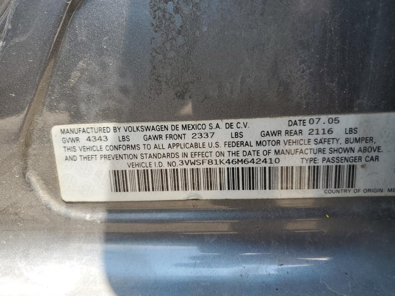 2006 Volkswagen Jetta 2.5 Option Package 1 VIN: 3VWSF81K46M642410 Lot: 63057164