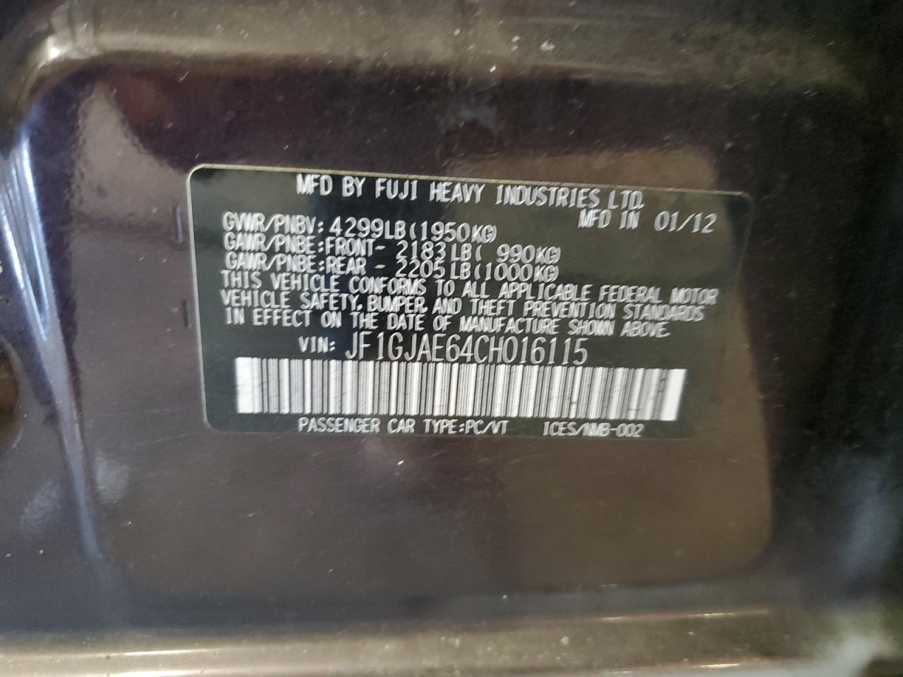 2012 Subaru Impreza Premium VIN: JF1GJAE64CH016115 Lot: 63523914