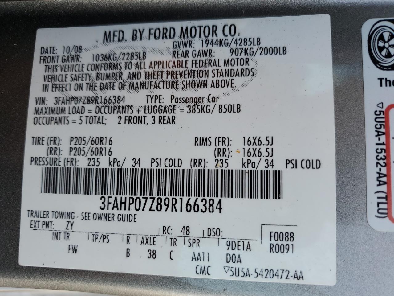 2009 Ford Fusion Se VIN: 3FAHP07Z89R166384 Lot: 62950644