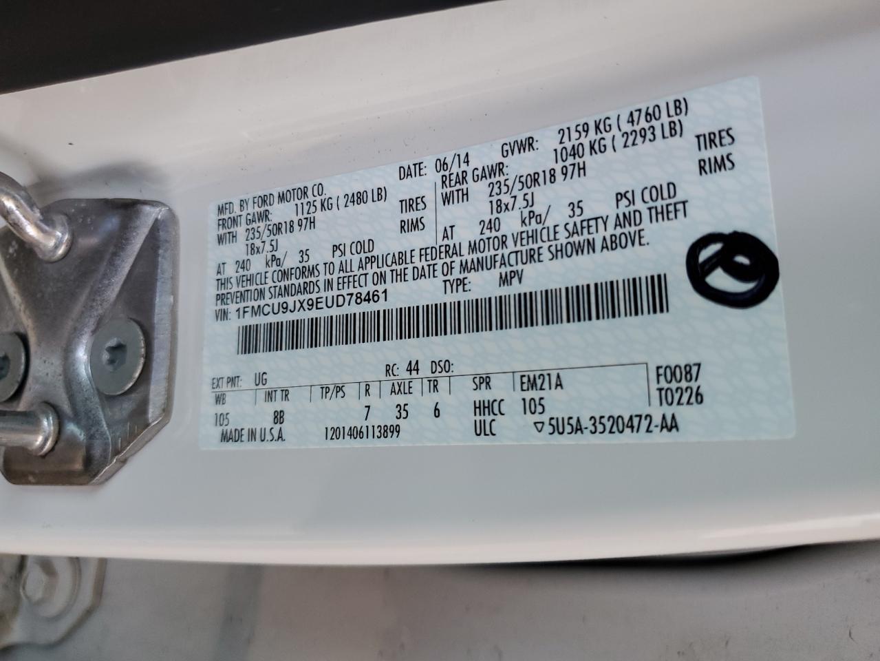 2014 Ford Escape Titanium VIN: 1FMCU9JX9EUD78461 Lot: 64728034