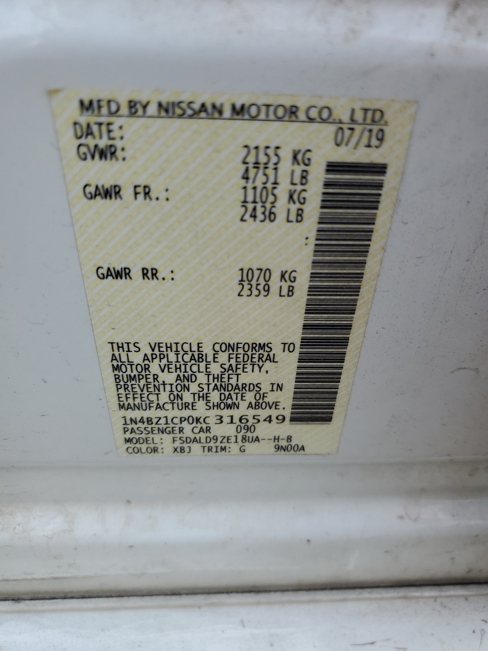 1N4BZ1CP0KC316549 2019 Nissan Leaf S Plus
