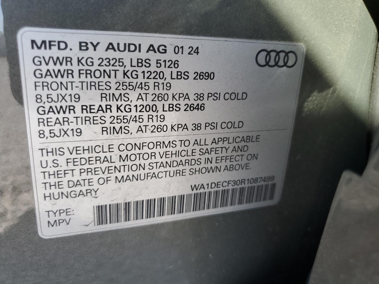 2024 Audi Q3 Premium S Line 45 VIN: WA1DECF30R1087499 Lot: 62790144