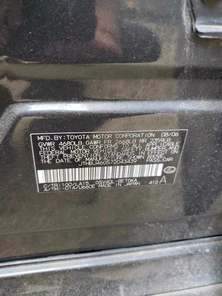 2007 Lexus Es 350 VIN: JTHBJ46G572043439 Lot: 63666484