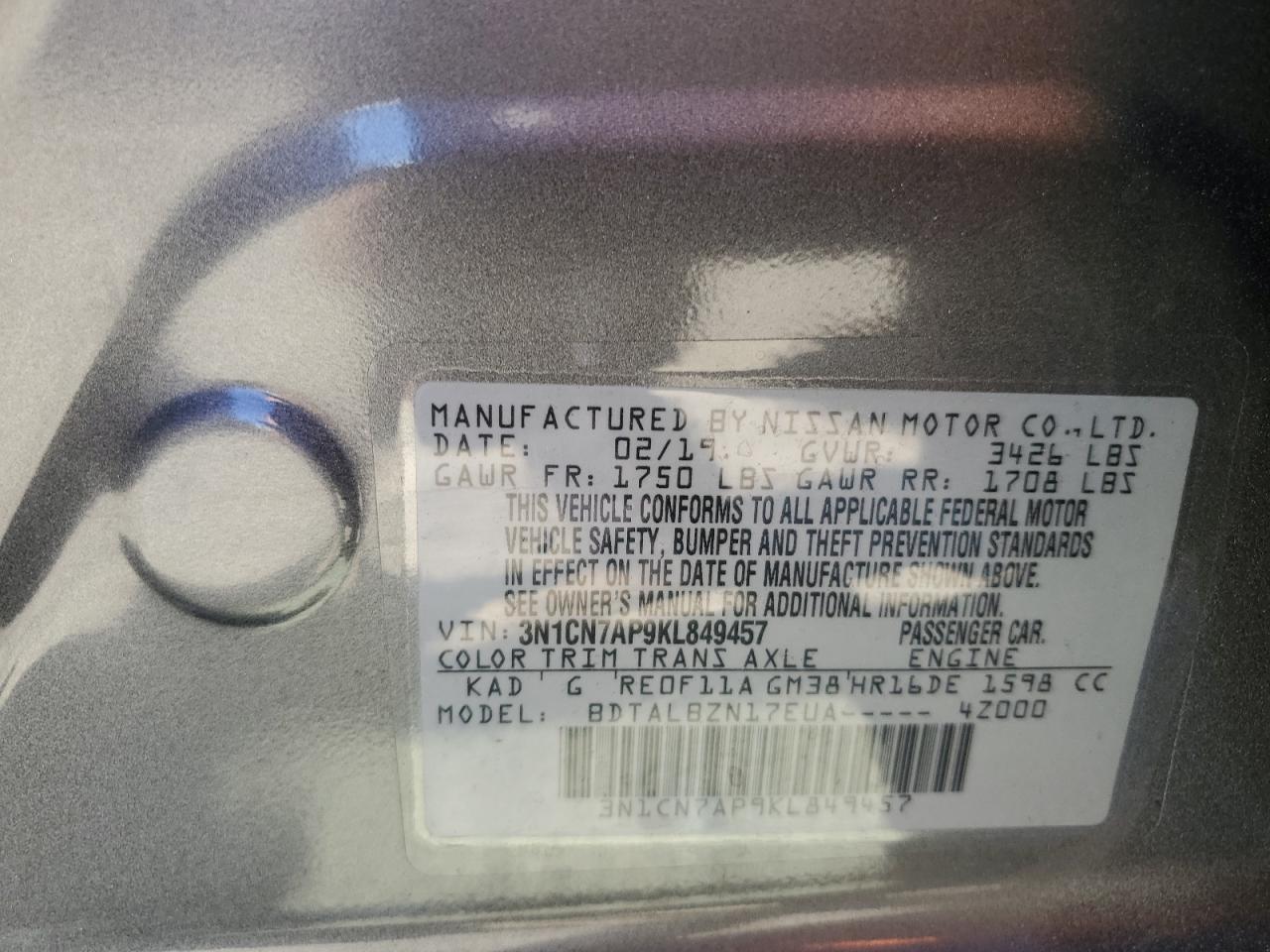 3N1CN7AP9KL849457 2019 Nissan Versa S