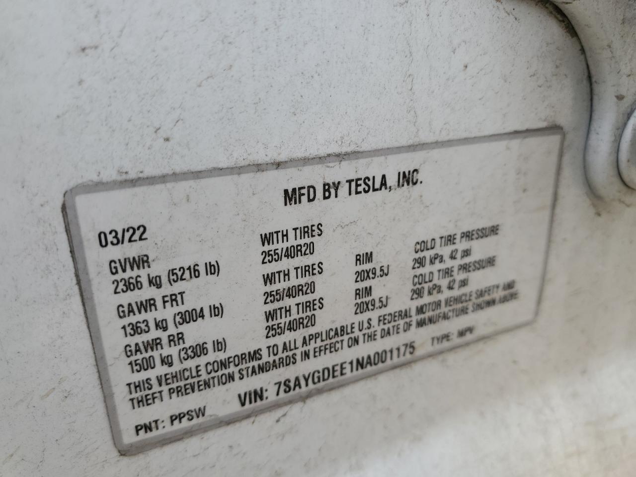 7SAYGDEE1NA001175 2022 Tesla Model Y