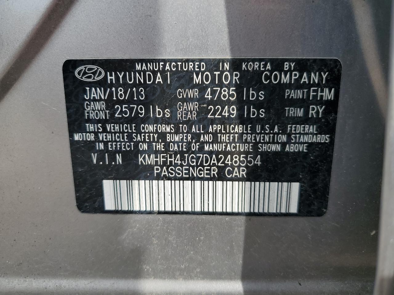 2013 Hyundai Azera Gls VIN: KMHFH4JG7DA248554 Lot: 63093254