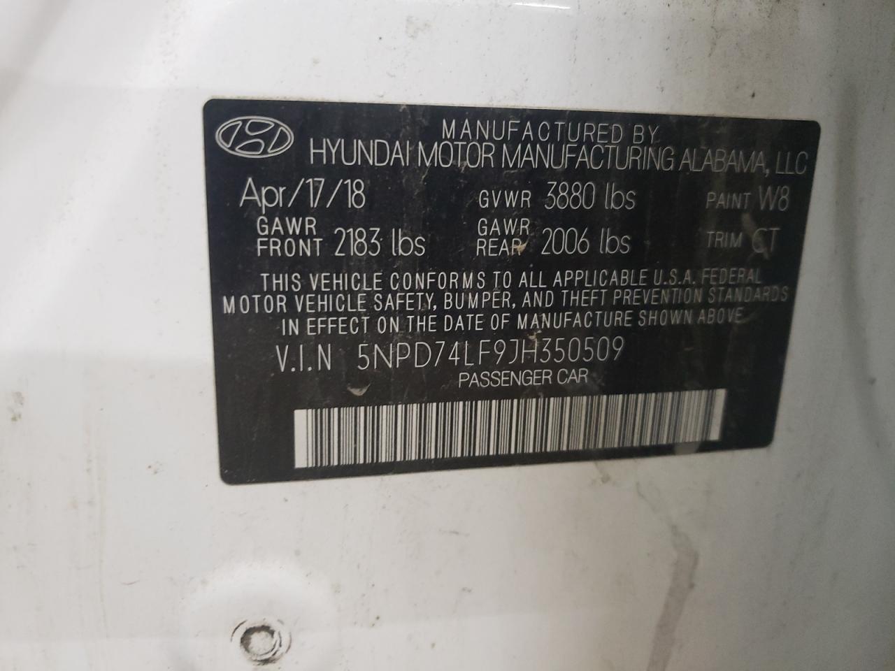 5NPD74LF9JH350509 2018 Hyundai Elantra Se