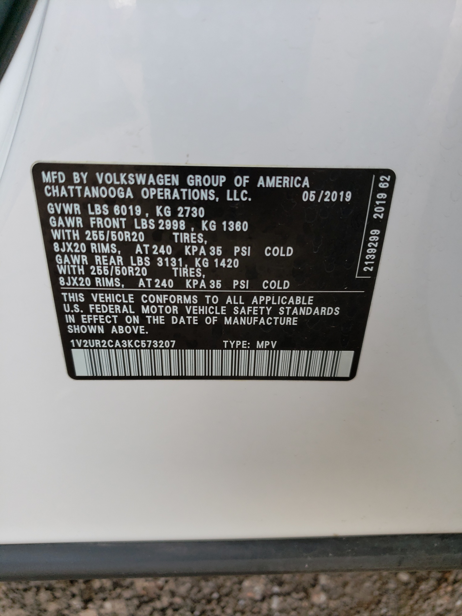 1V2UR2CA3KC573207 2019 Volkswagen Atlas Se