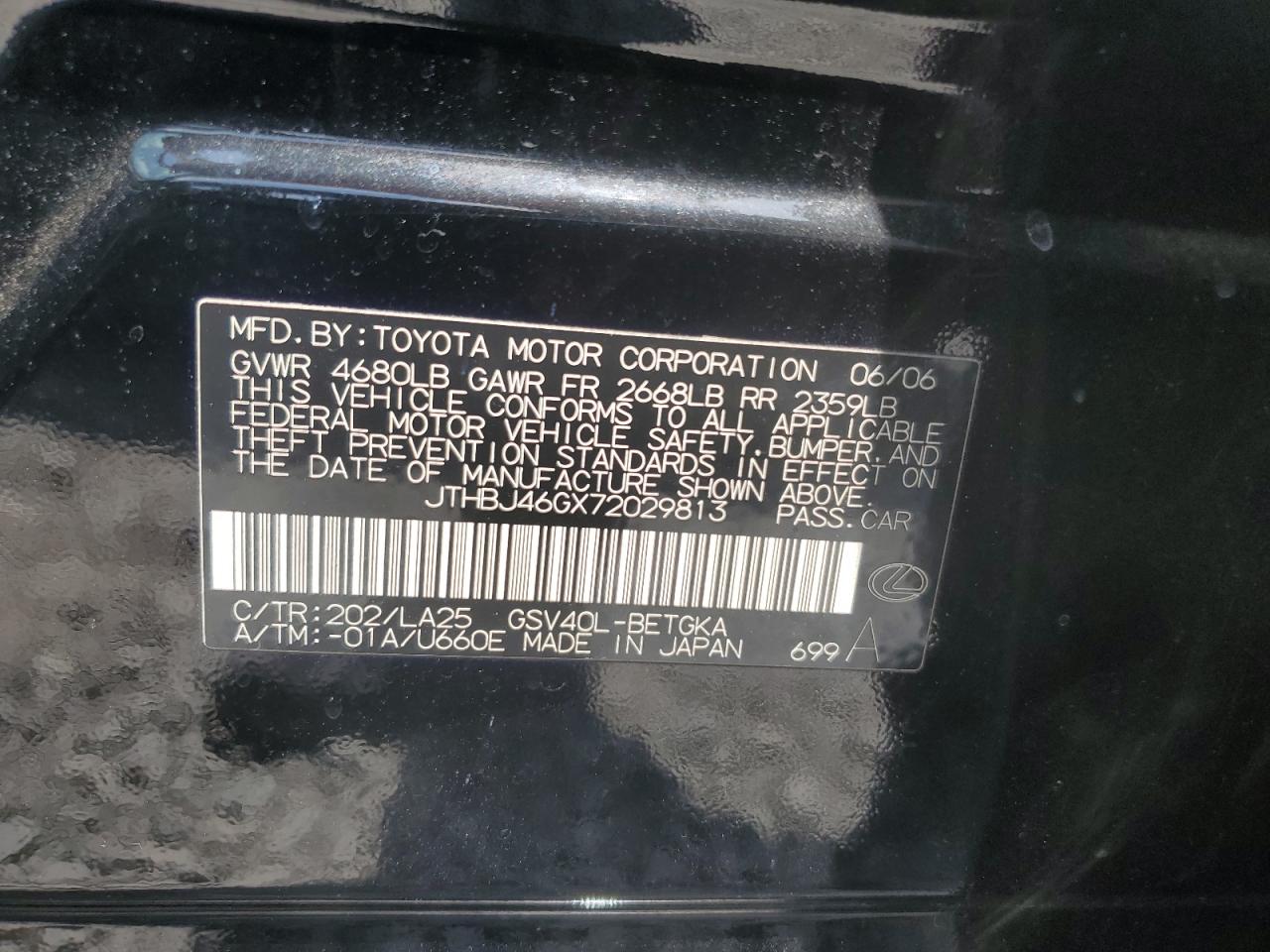 2007 Lexus Es 350 VIN: JTHBJ46GX72029813 Lot: 65041834