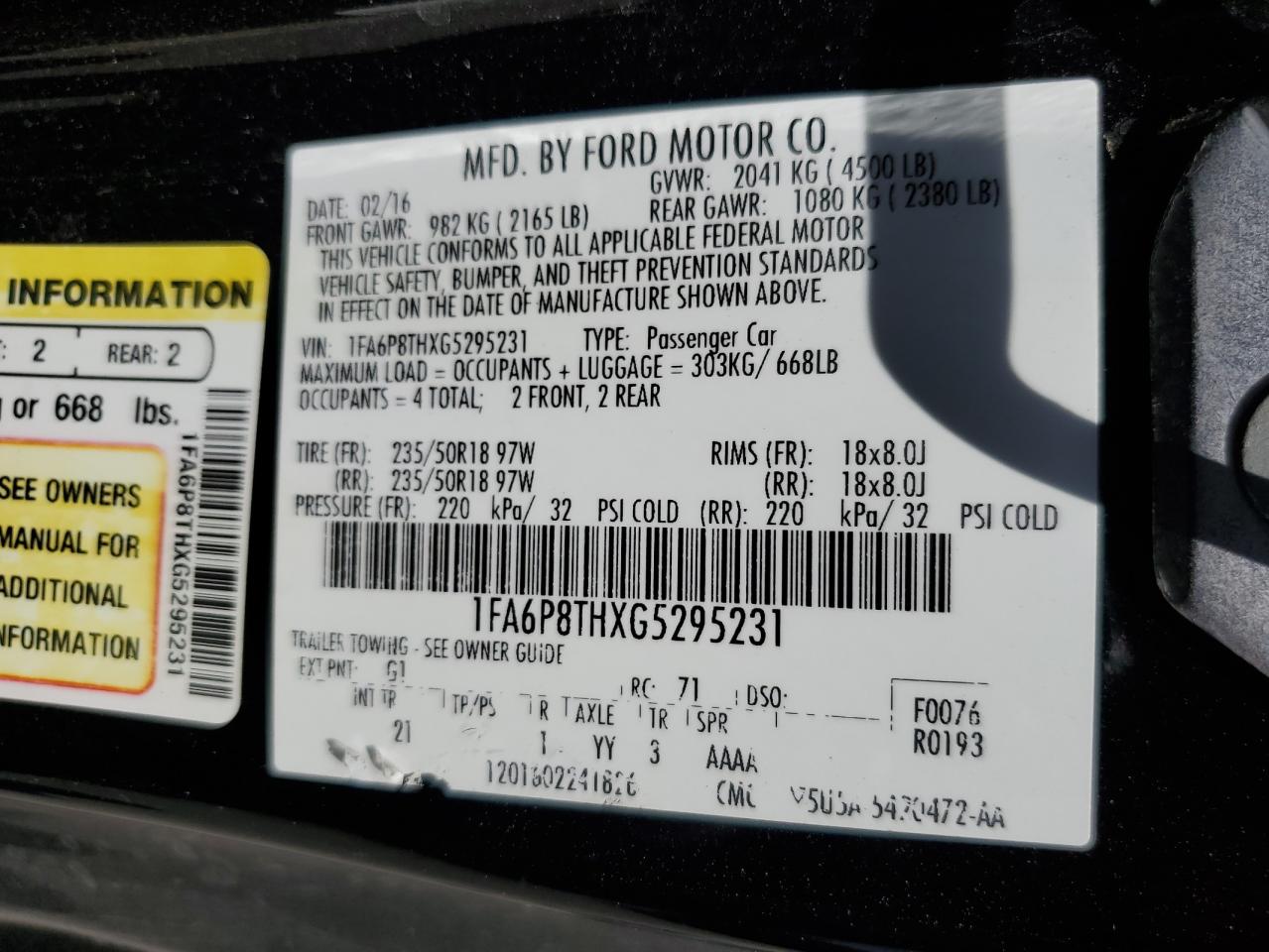 2016 Ford Mustang VIN: 1FA6P8THXG5295231 Lot: 63825494