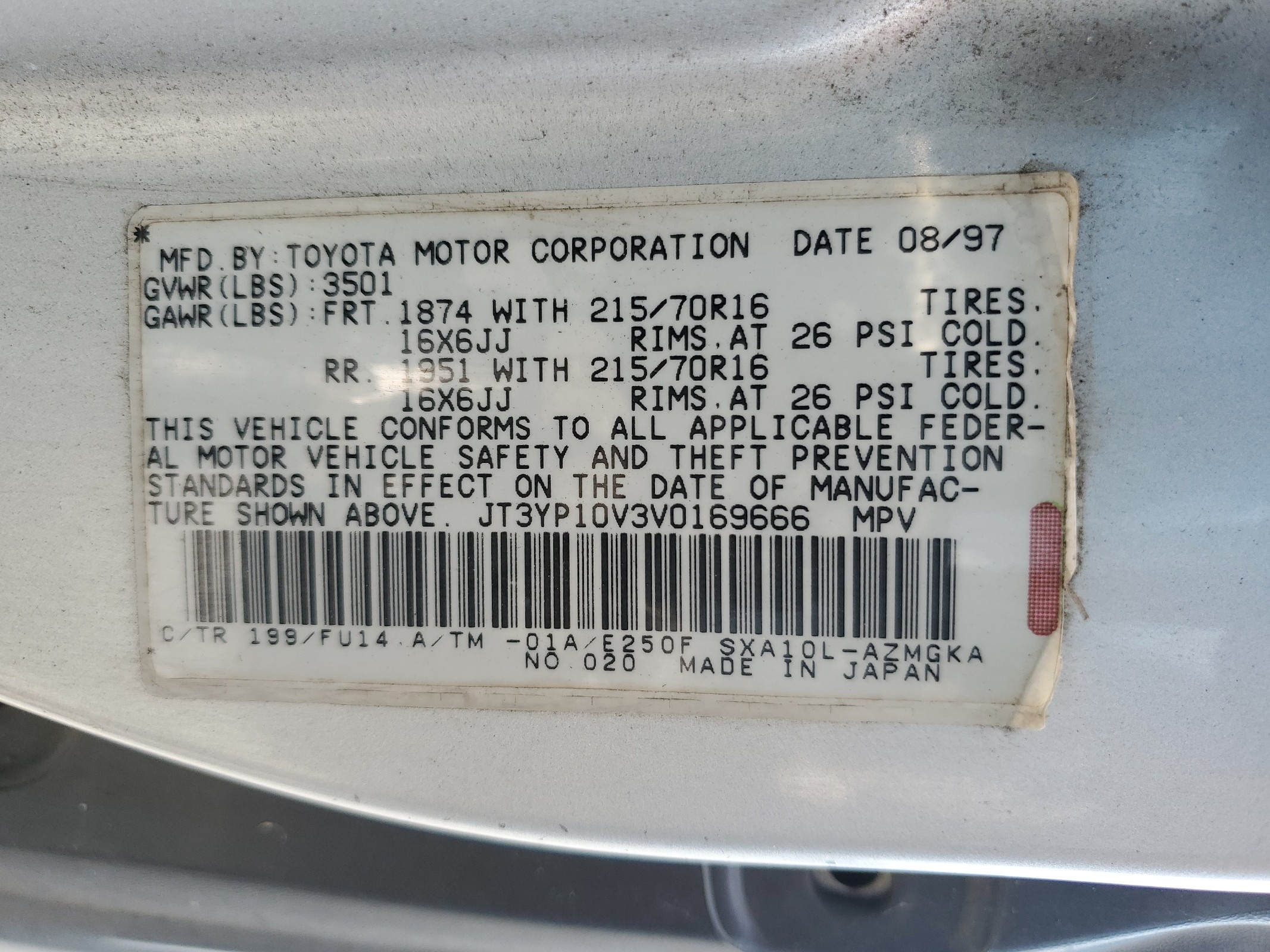 JT3YP10V3V0169666 1997 Toyota Rav4