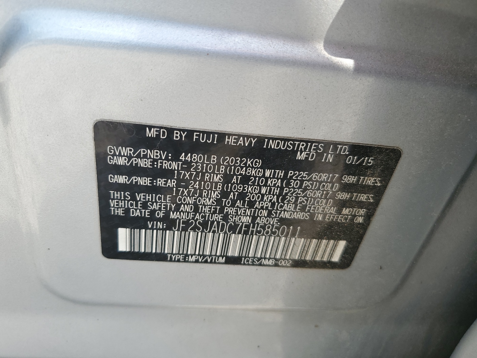 JF2SJADC7FH585011 2015 Subaru Forester 2.5I Premium