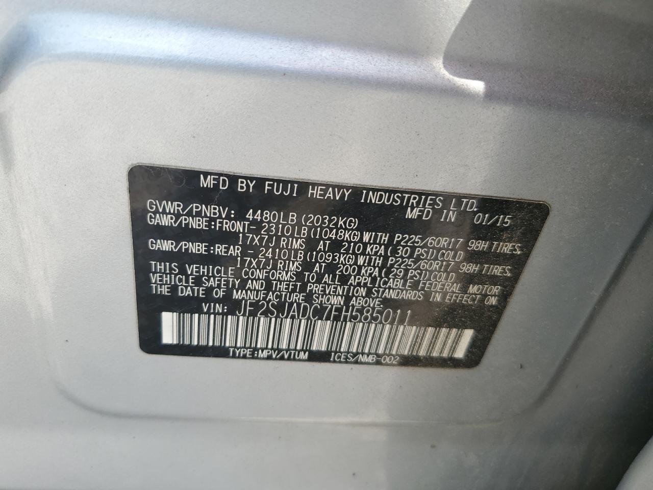 2015 Subaru Forester 2.5I Premium VIN: JF2SJADC7FH585011 Lot: 63587774