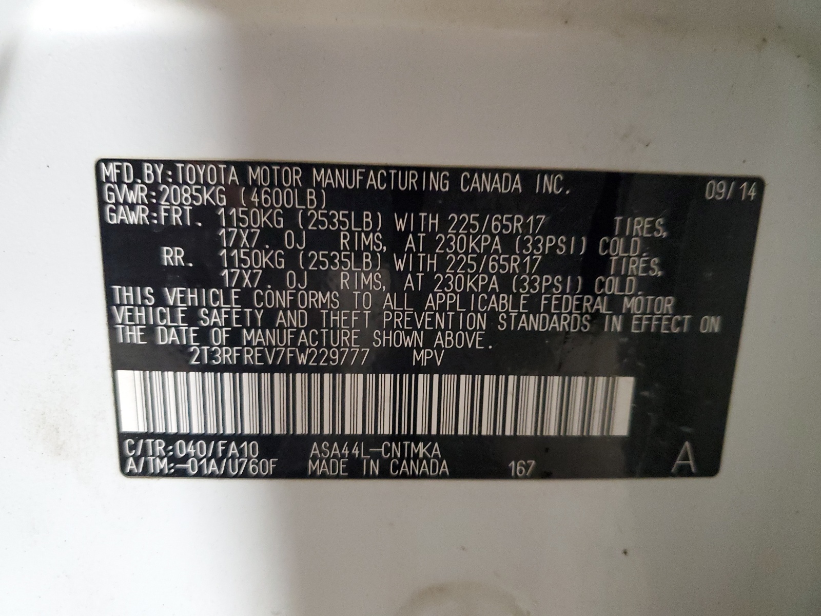 2T3RFREV7FW229777 2015 Toyota Rav4 Xle