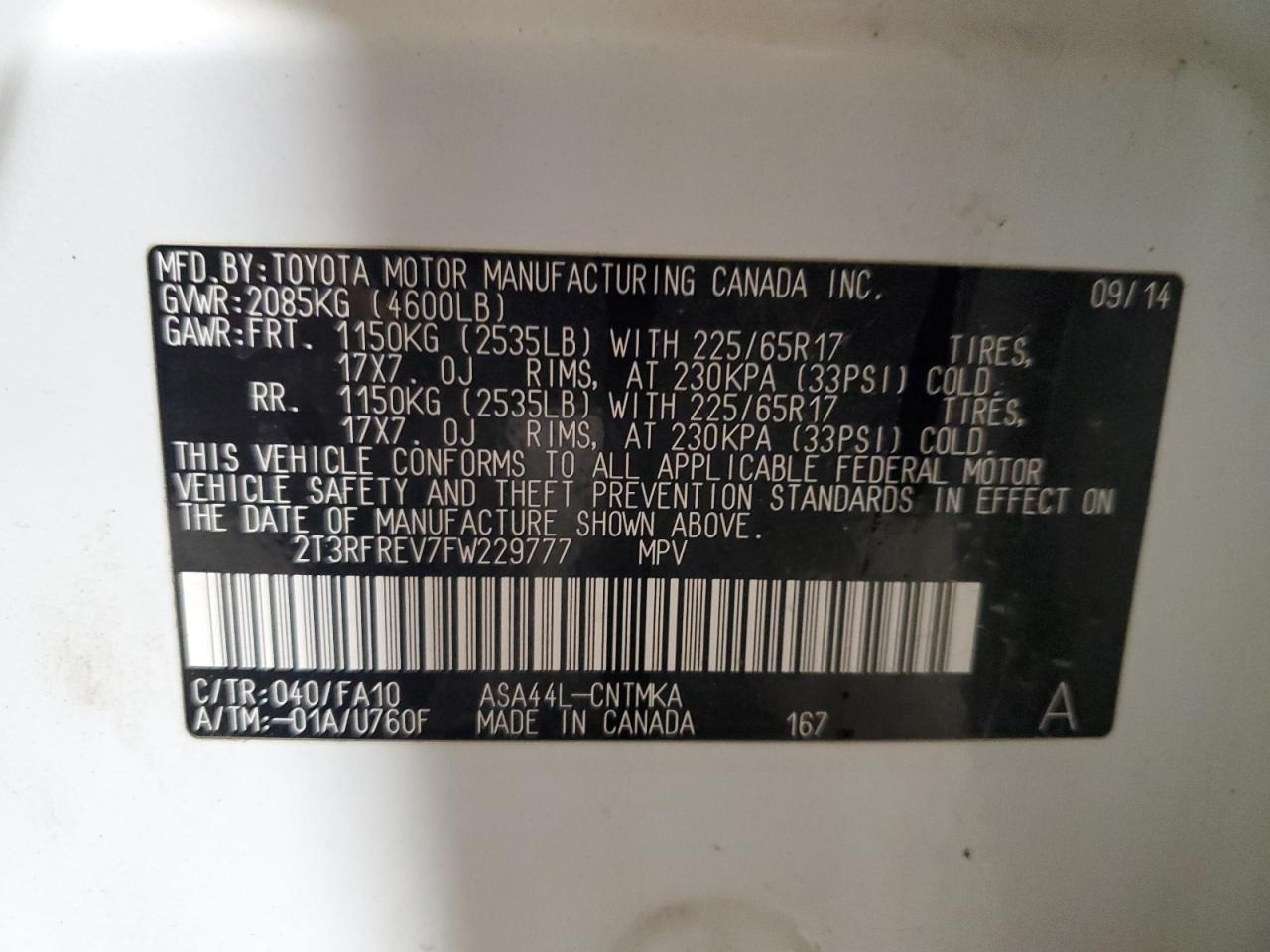 2015 Toyota Rav4 Xle VIN: 2T3RFREV7FW229777 Lot: 64416974