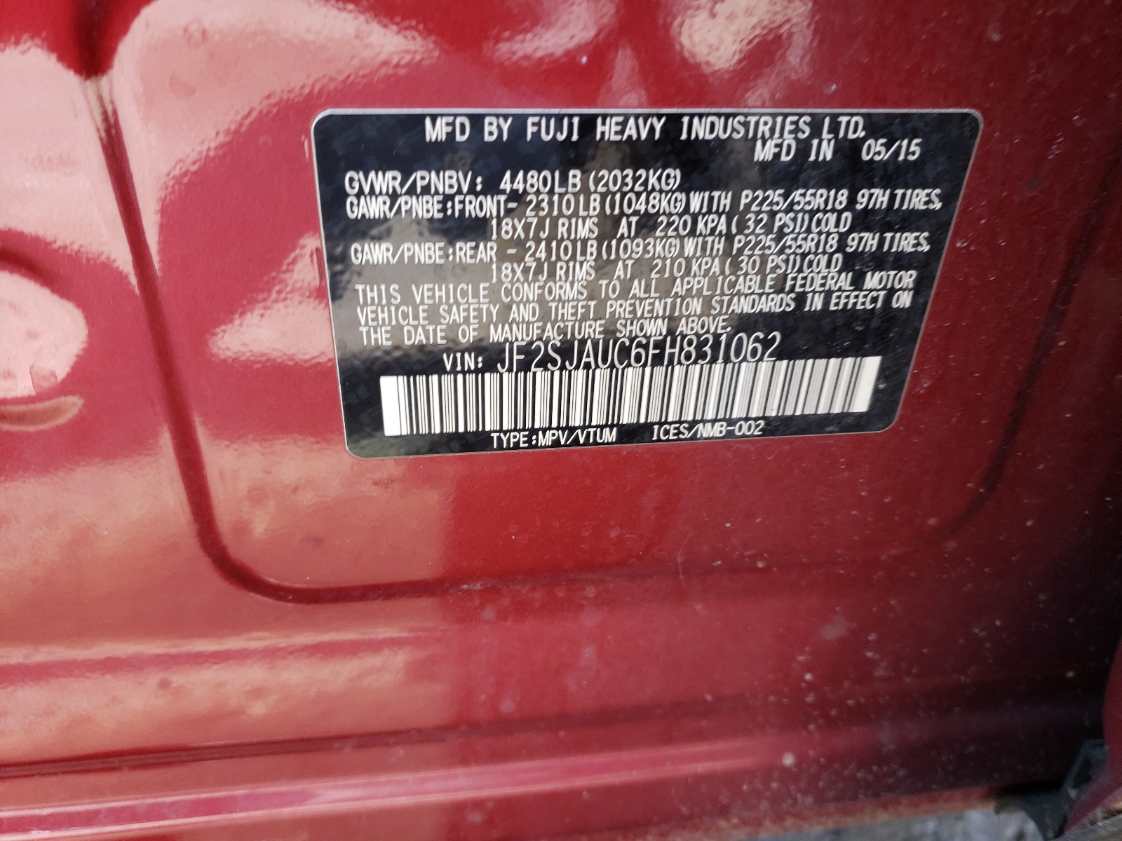 JF2SJAUC6FH831062 2015 Subaru Forester 2.5I Touring