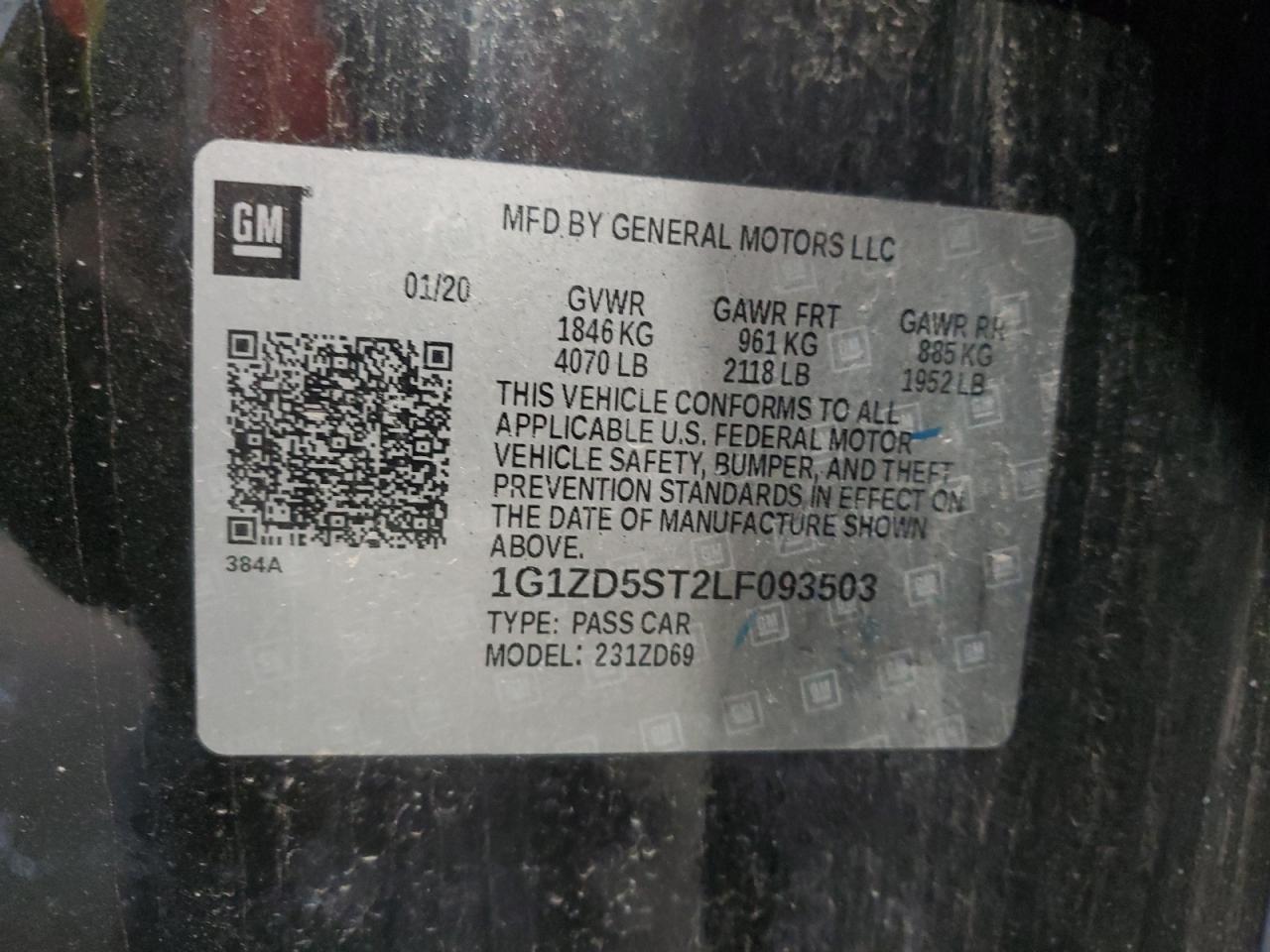 2020 Chevrolet Malibu Lt VIN: 1G1ZD5ST2LF093503 Lot: 61151594