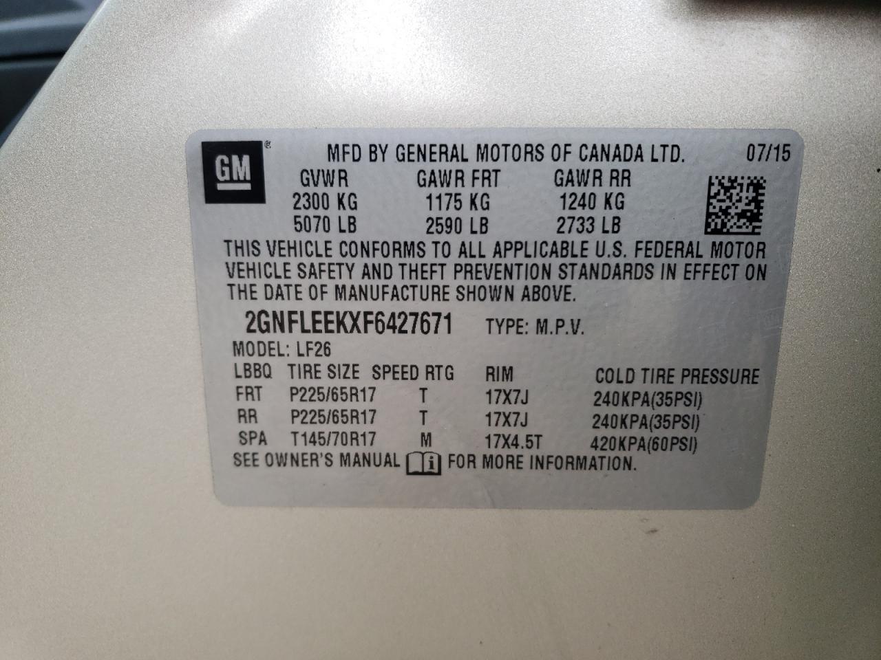 2GNFLEEKXF6427671 2015 Chevrolet Equinox Ls