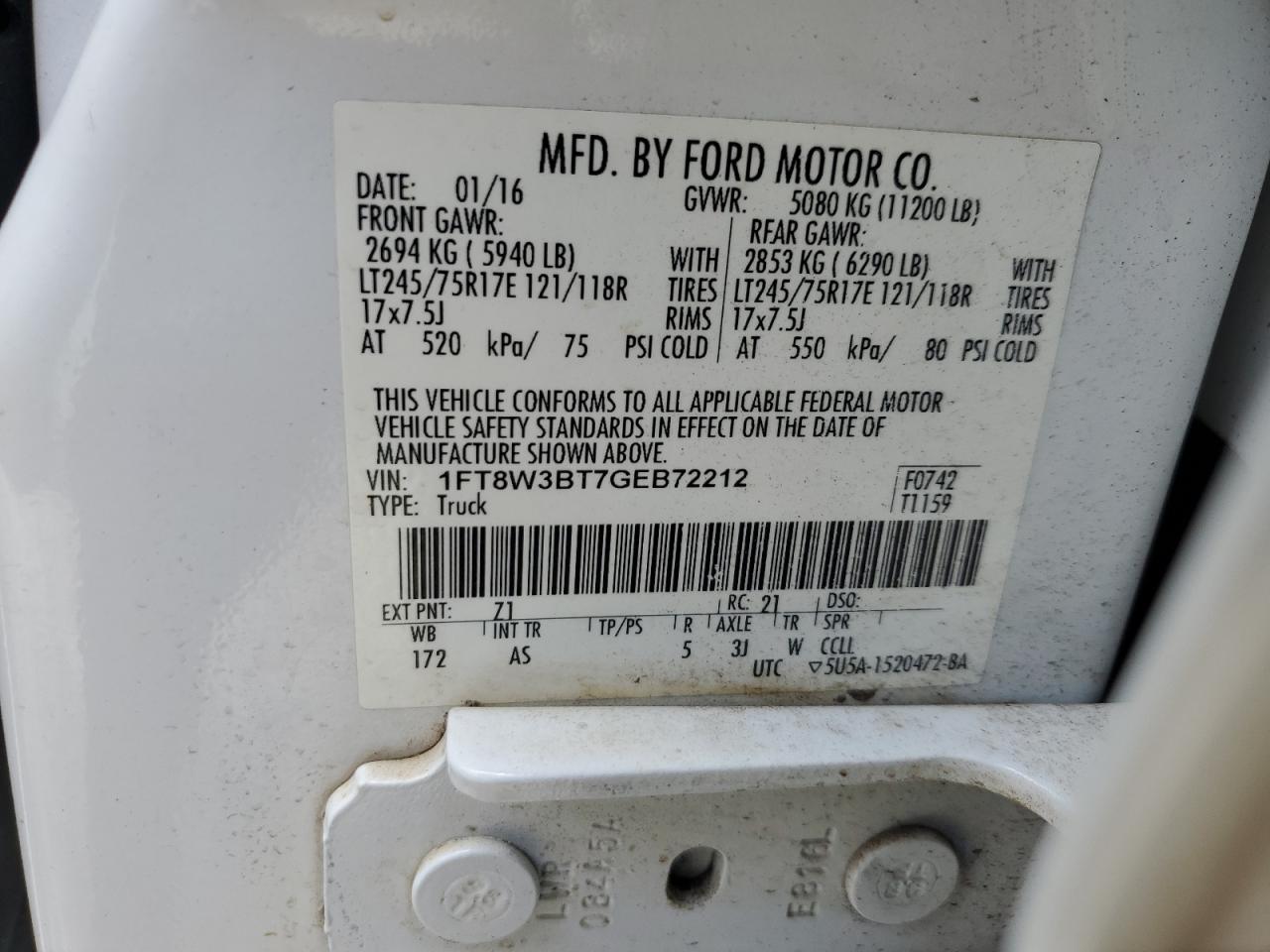 2016 Ford F350 Super Duty VIN: 1FT8W3BT7GEB72212 Lot: 63244554