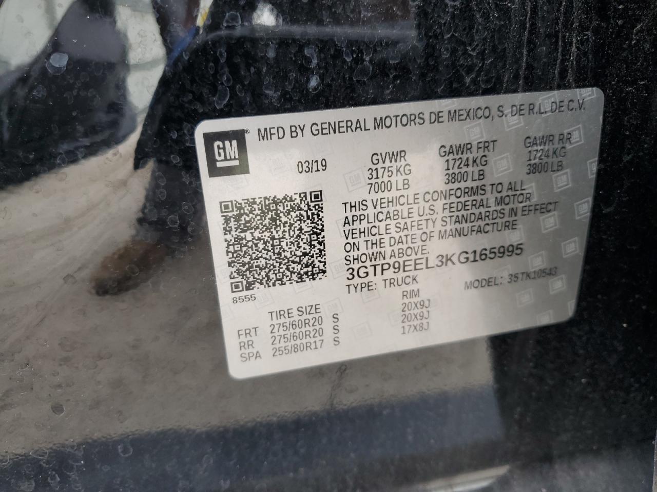 2019 GMC Sierra K1500 At4 VIN: 3GTP9EEL3KG165995 Lot: 62408014