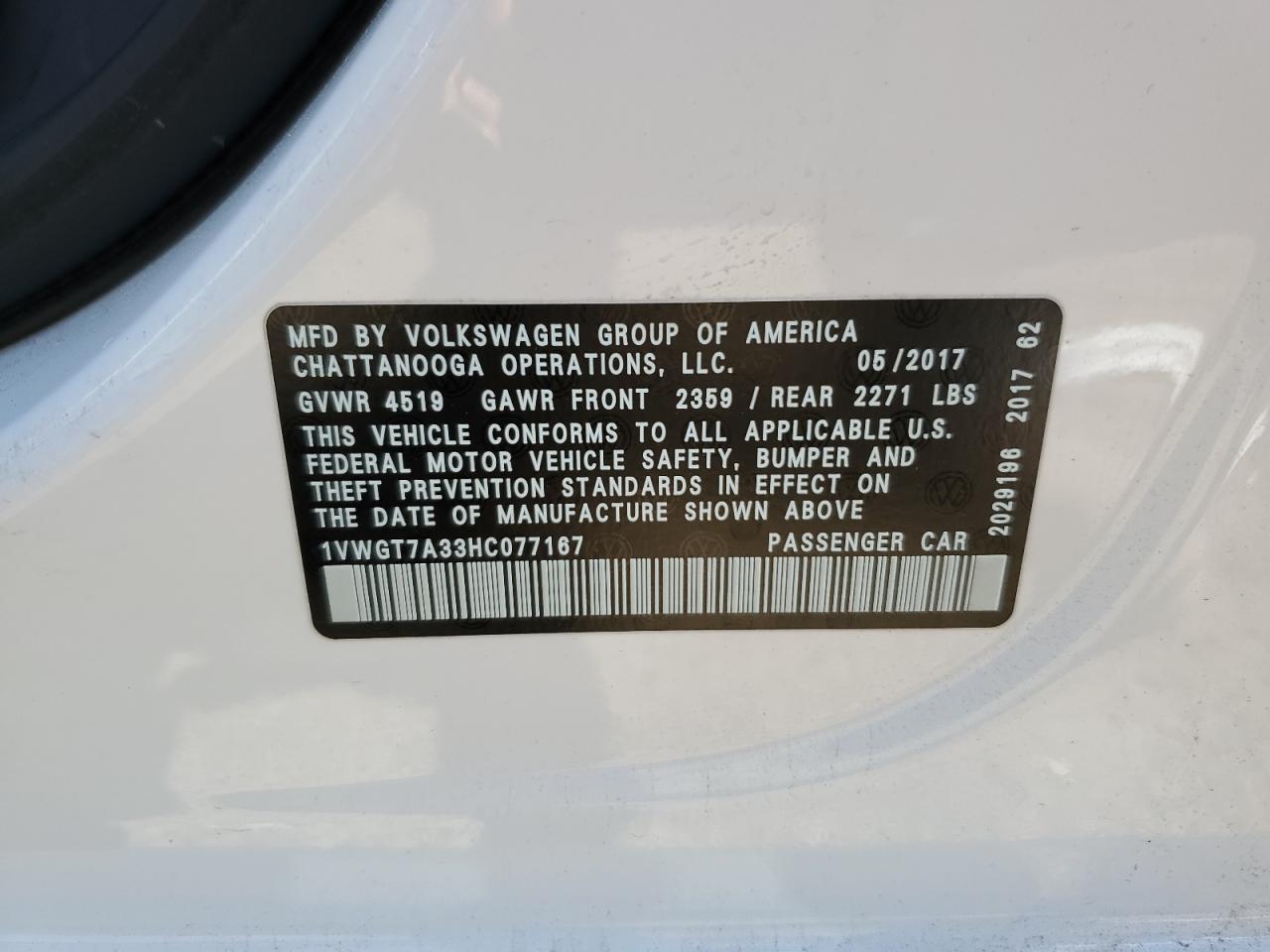 2017 Volkswagen Passat Se VIN: 1VWGT7A33HC077167 Lot: 63457524