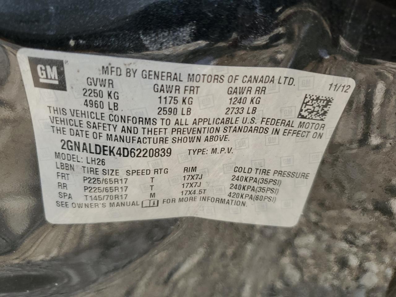 2013 Chevrolet Equinox Lt VIN: 2GNALDEK4D6220839 Lot: 62182904