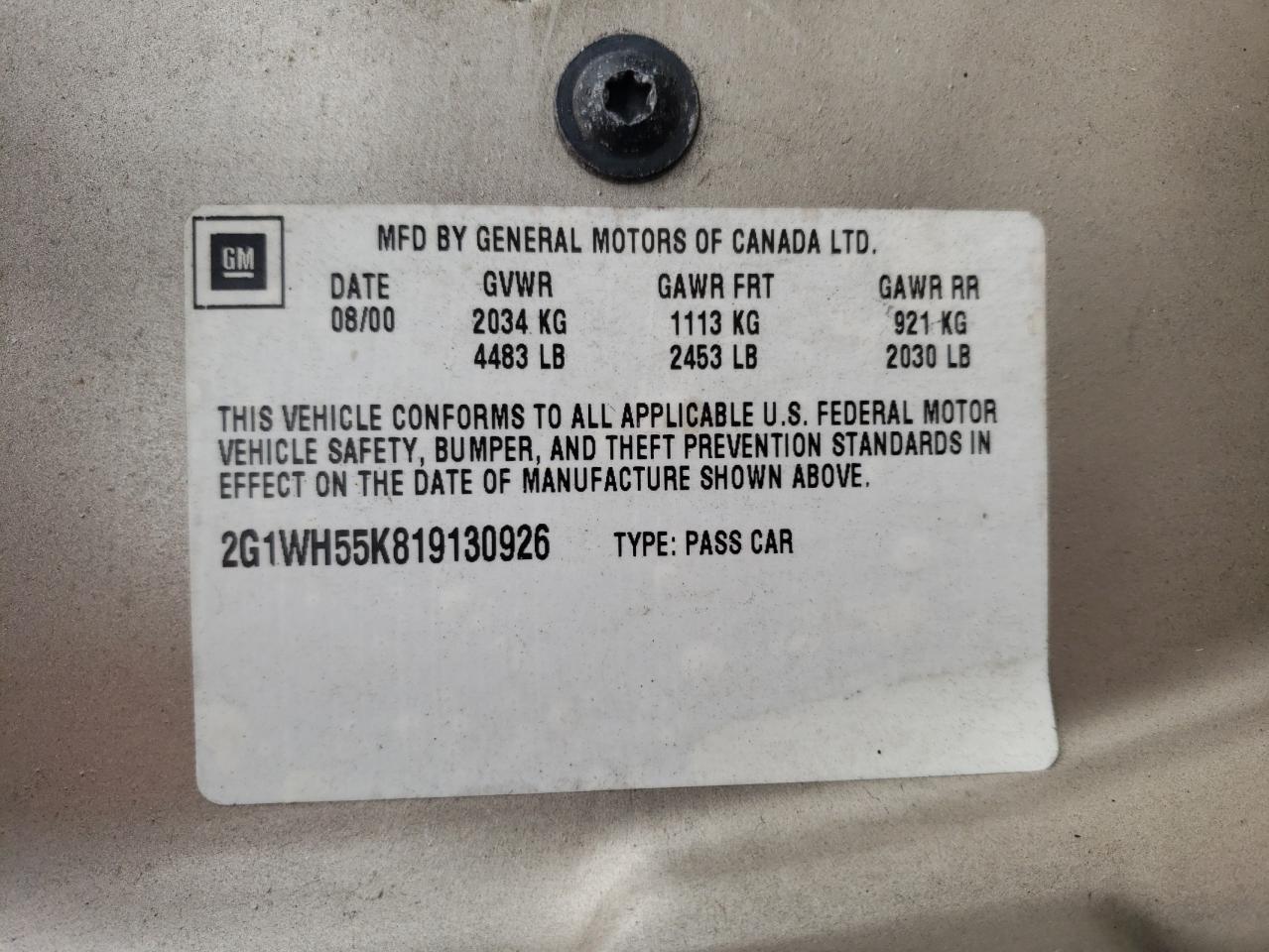 2001 Chevrolet Impala Ls VIN: 2G1WH55K819130926 Lot: 62691204