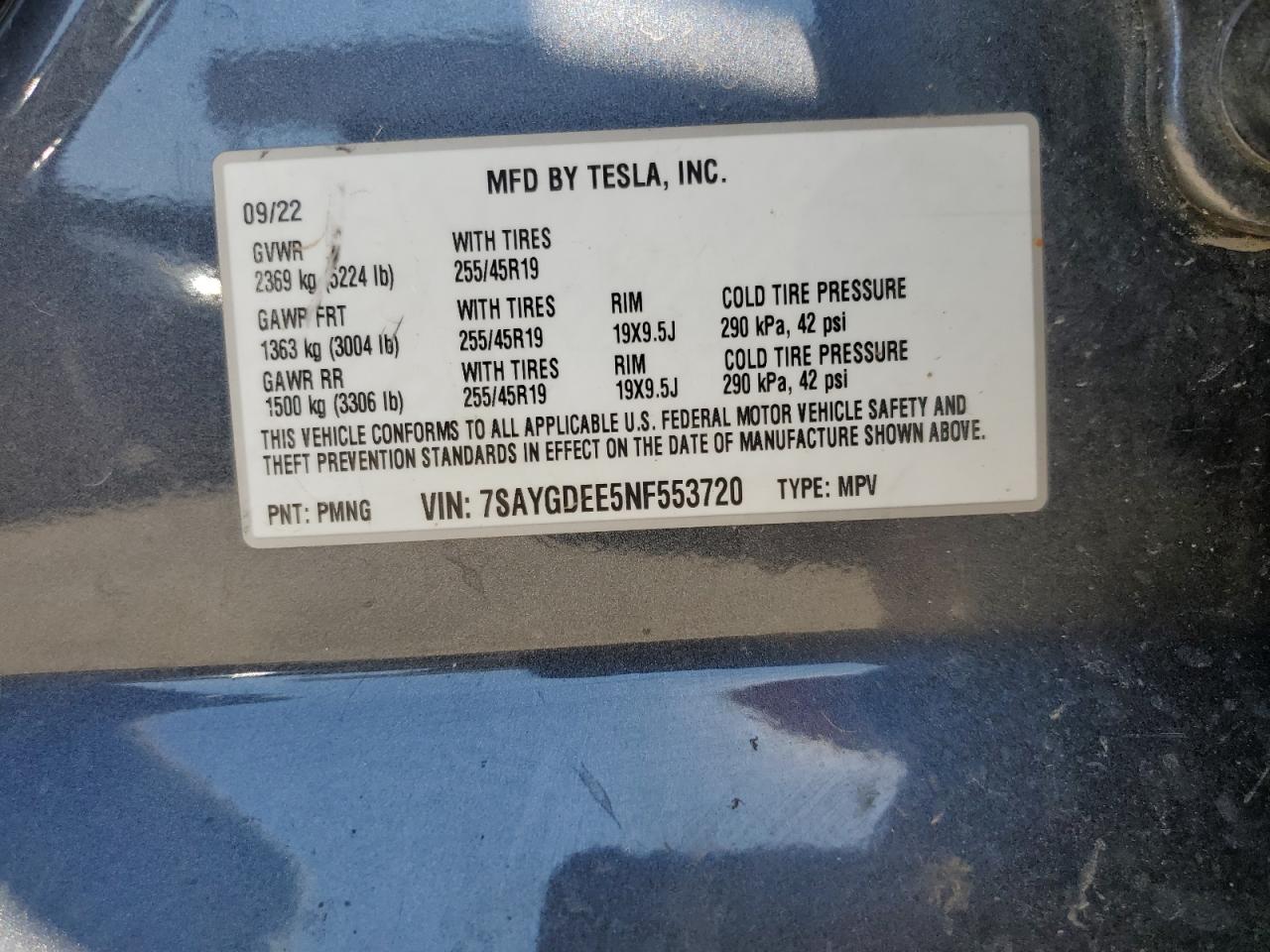 VIN 7SAYGDEE5NF553720 2022 TESLA MODEL Y no.13