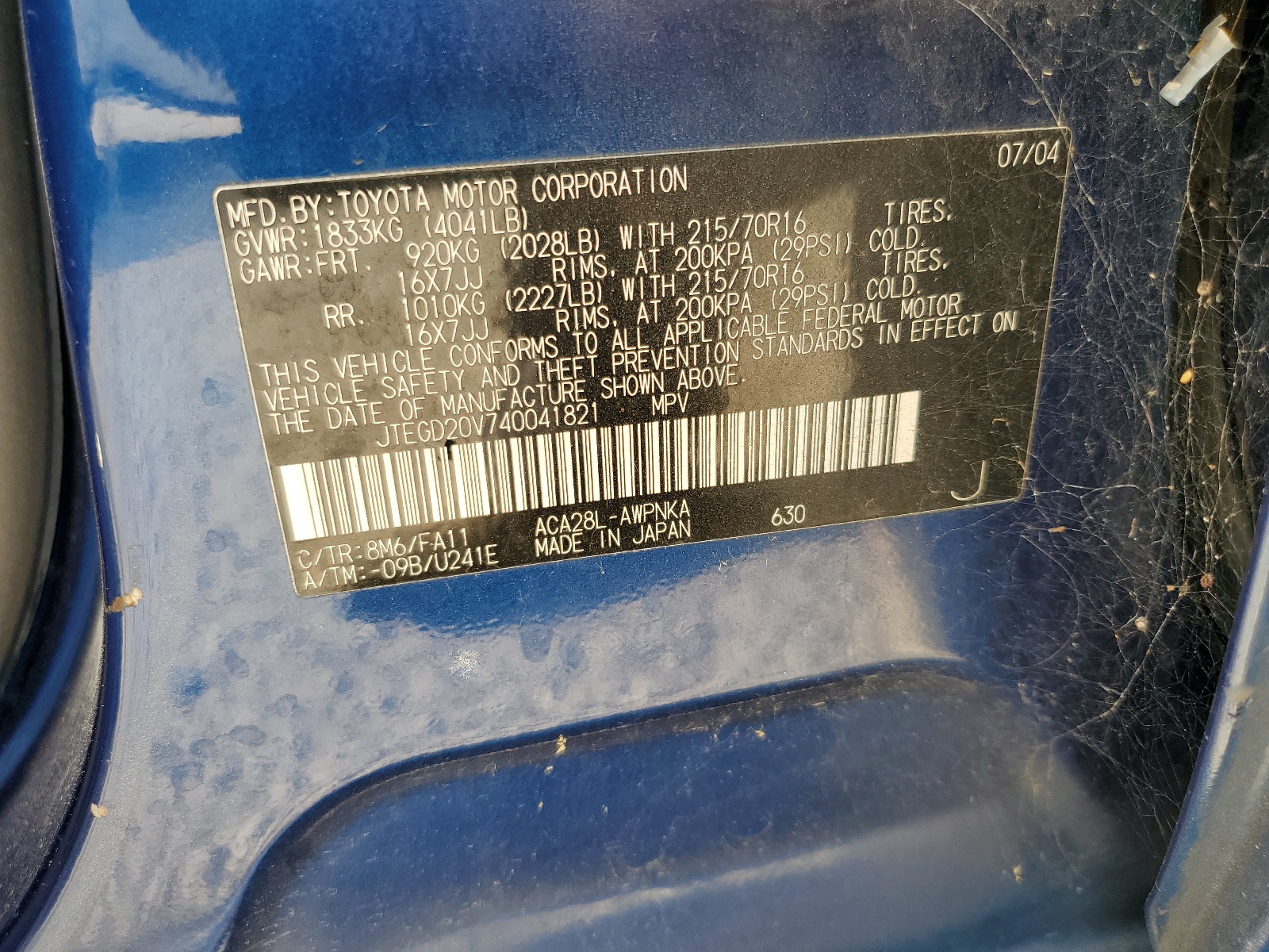 JTEGD20V740041821 2004 Toyota Rav4