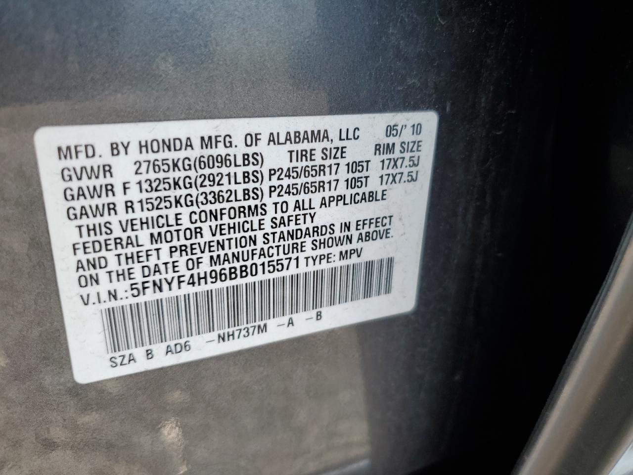 2011 Honda Pilot Touring VIN: 5FNYF4H96BB015571 Lot: 63301514