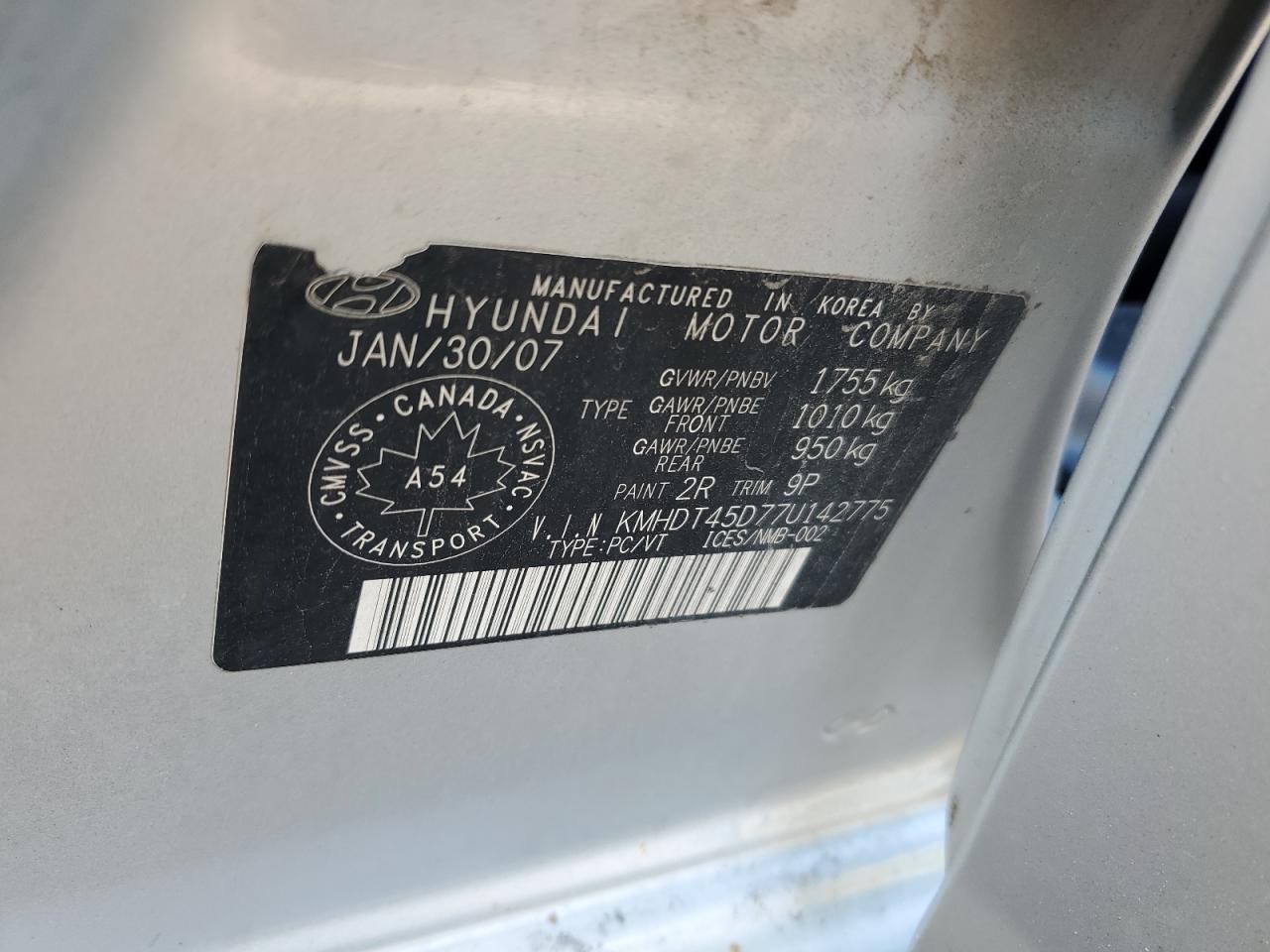 2007 Hyundai Elantra Gl VIN: KMHDT45D77U142775 Lot: 63292444