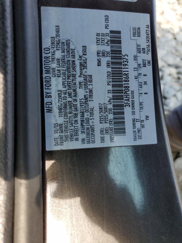 2006 Ford Fusion Sel VIN: 3FAHP08186R119375 Lot: 63044194