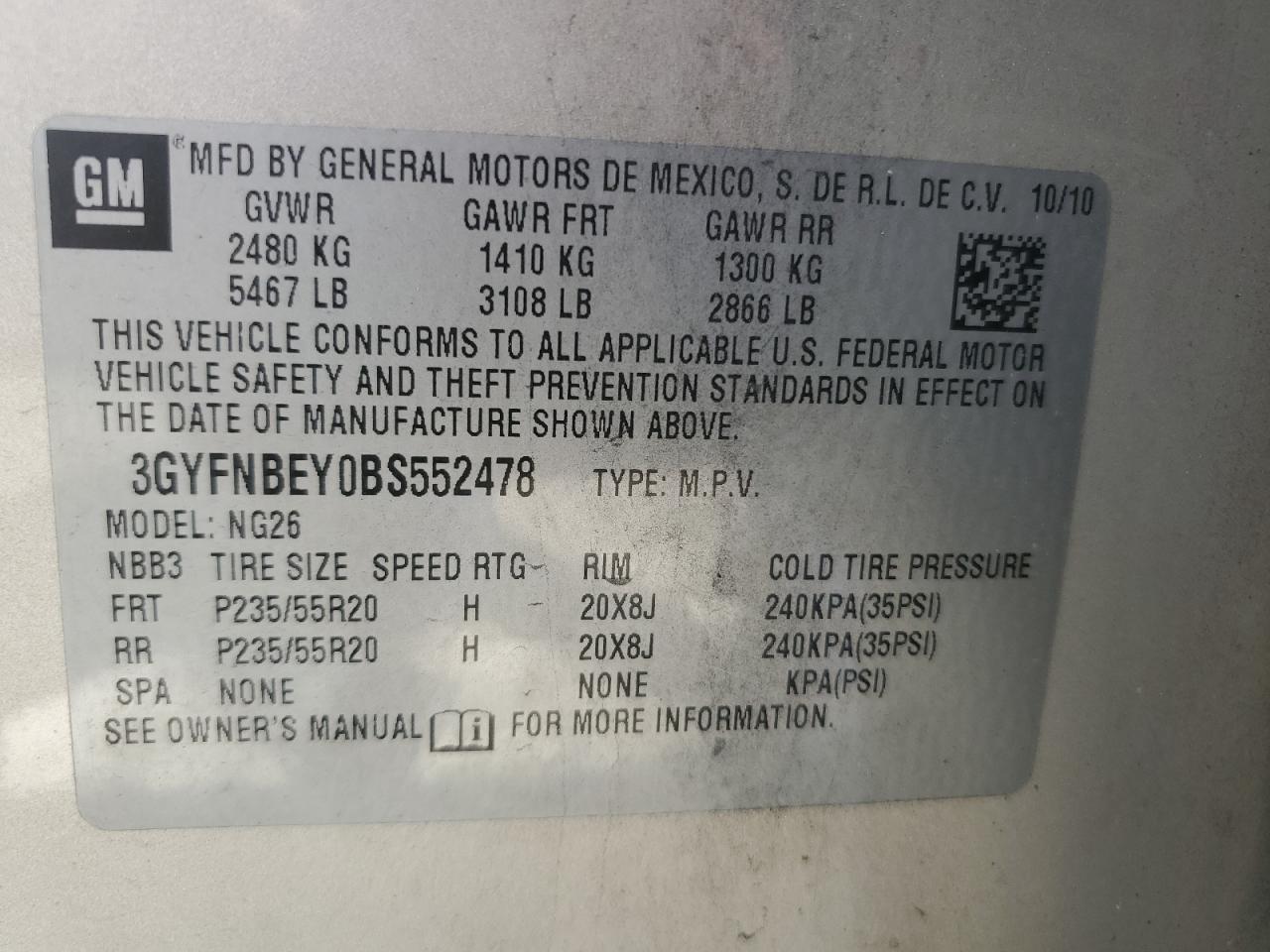 2011 Cadillac Srx Performance Collection VIN: 3GYFNBEY0BS552478 Lot: 64045634