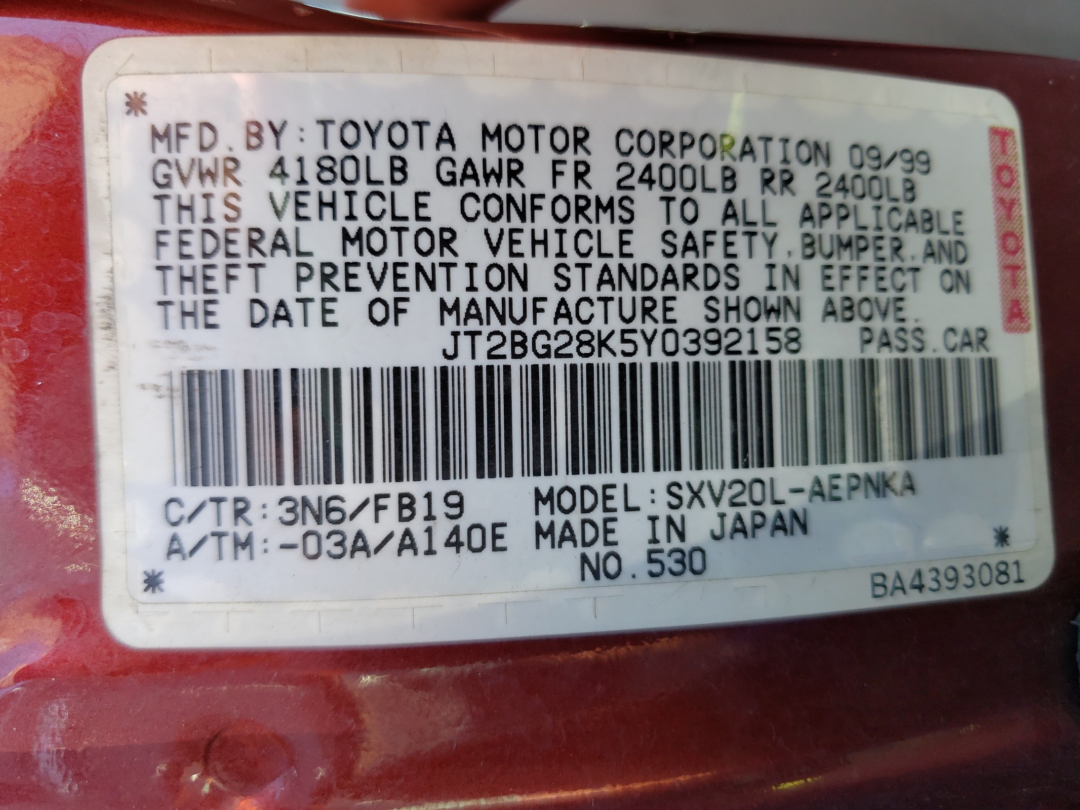 JT2BG28K5Y0392158 2000 Toyota Camry Le