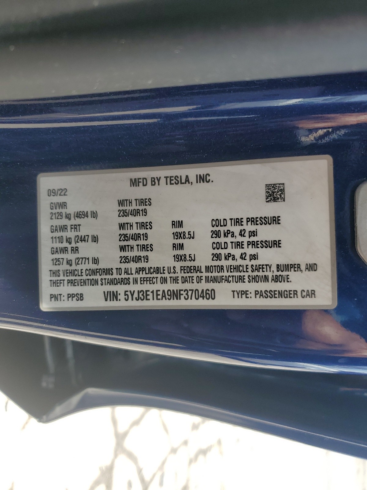 5YJ3E1EA9NF370460 2022 Tesla Model 3