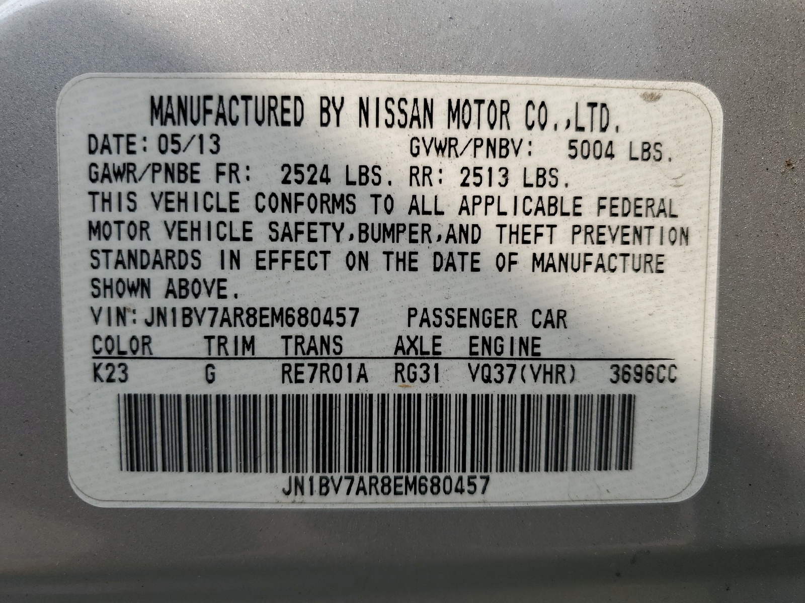 JN1BV7AR8EM680457 2014 Infiniti Q50 Base