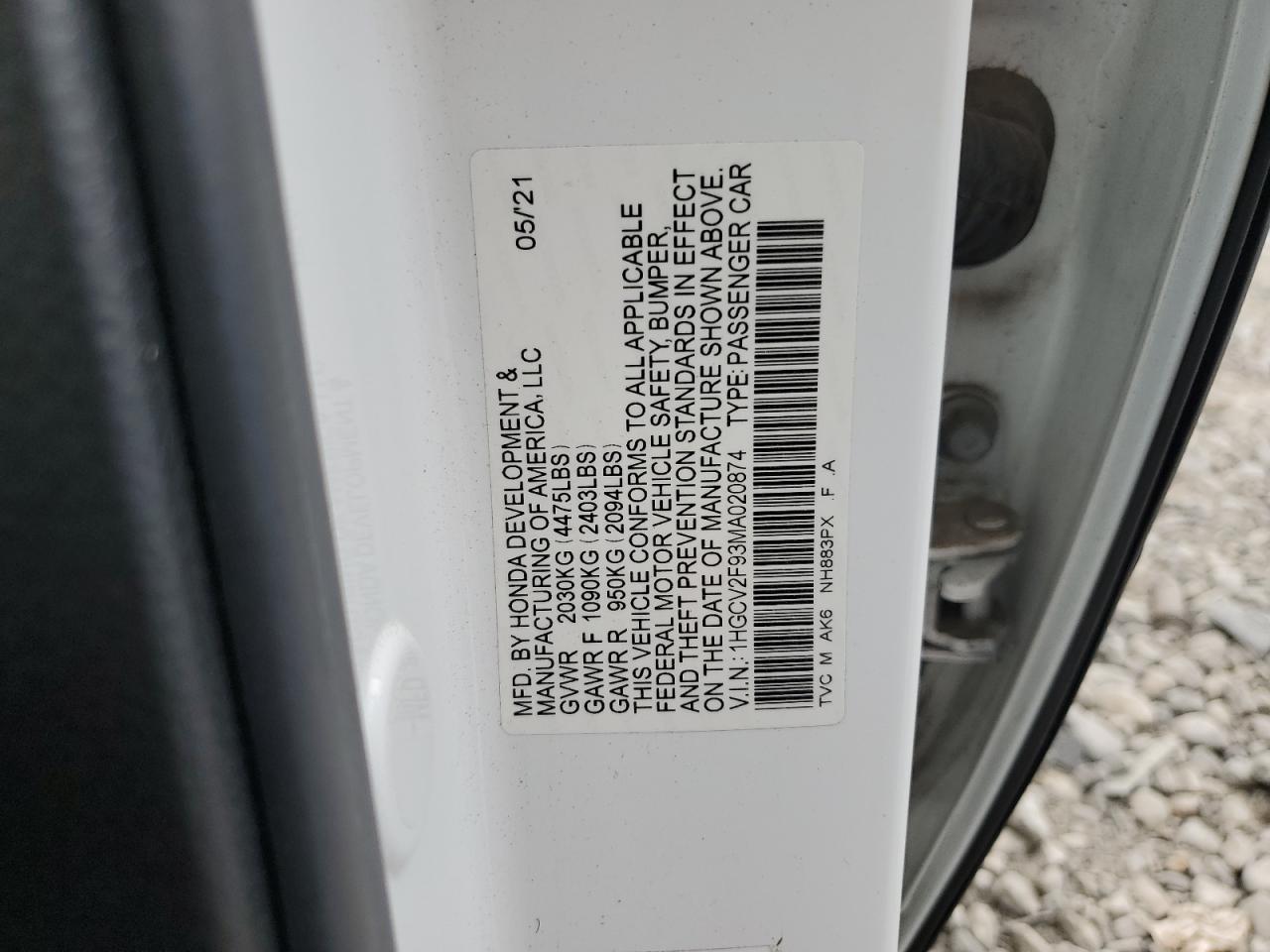 2021 Honda Accord Touring VIN: 1HGCV2F93MA020874 Lot: 63078654