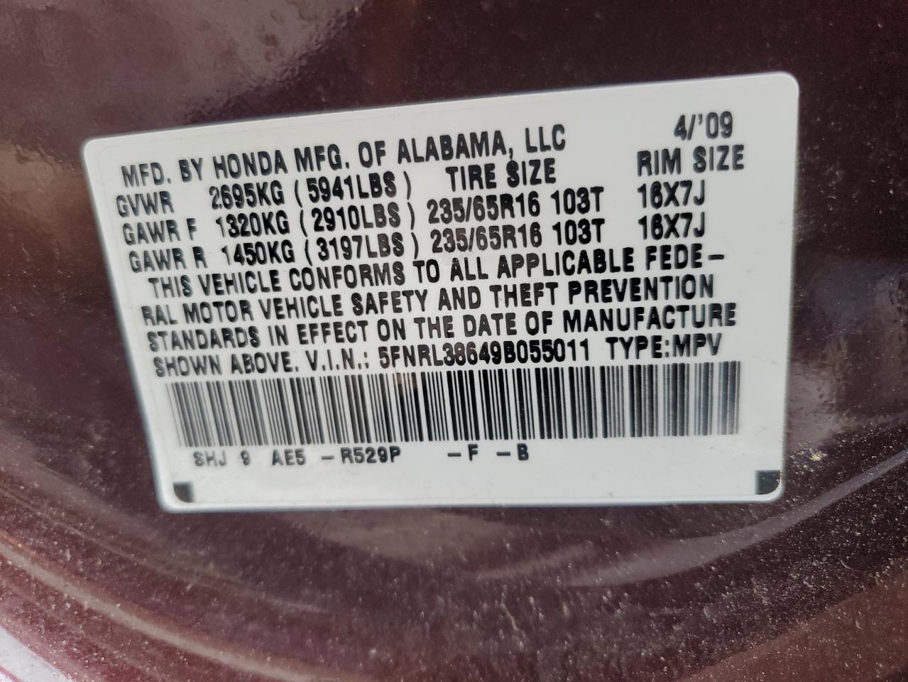 2009 Honda Odyssey Exl VIN: 5FNRL38649B055011 Lot: 64186554