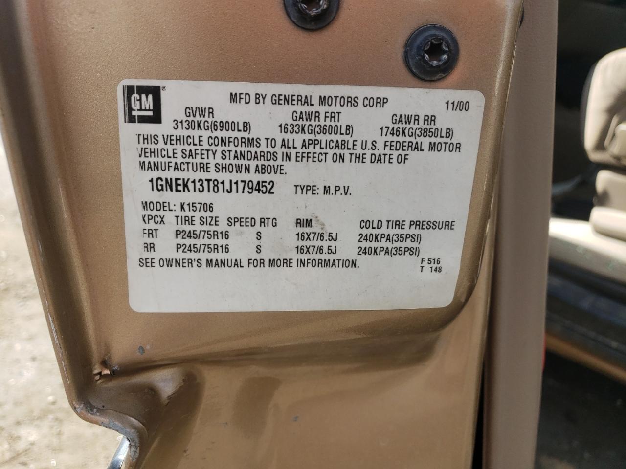 2001 Chevrolet Tahoe K1500 VIN: 1GNEK13T81J179452 Lot: 61886944