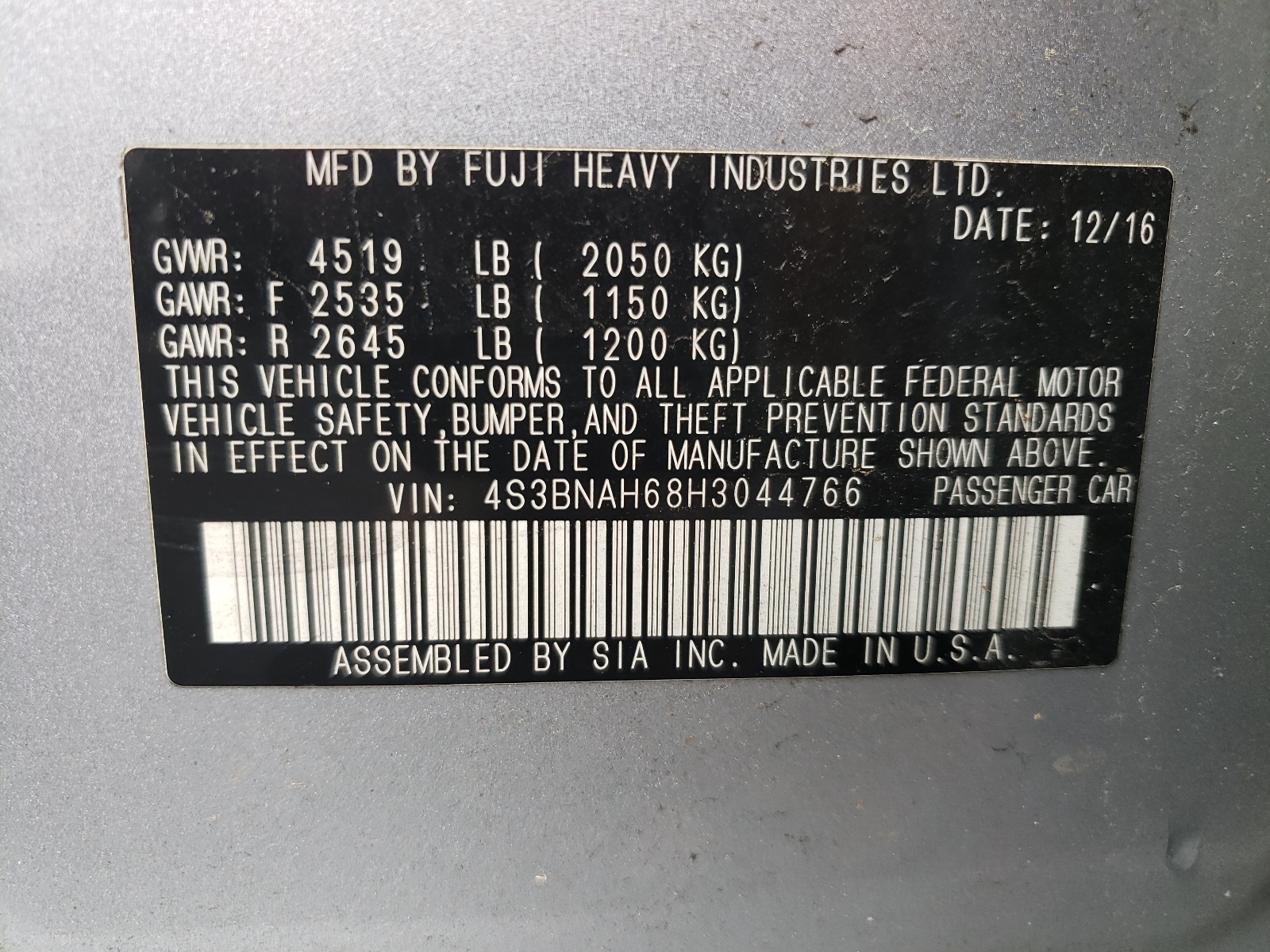 4S3BNAH68H3044766 2017 Subaru Legacy 2.5I Premium