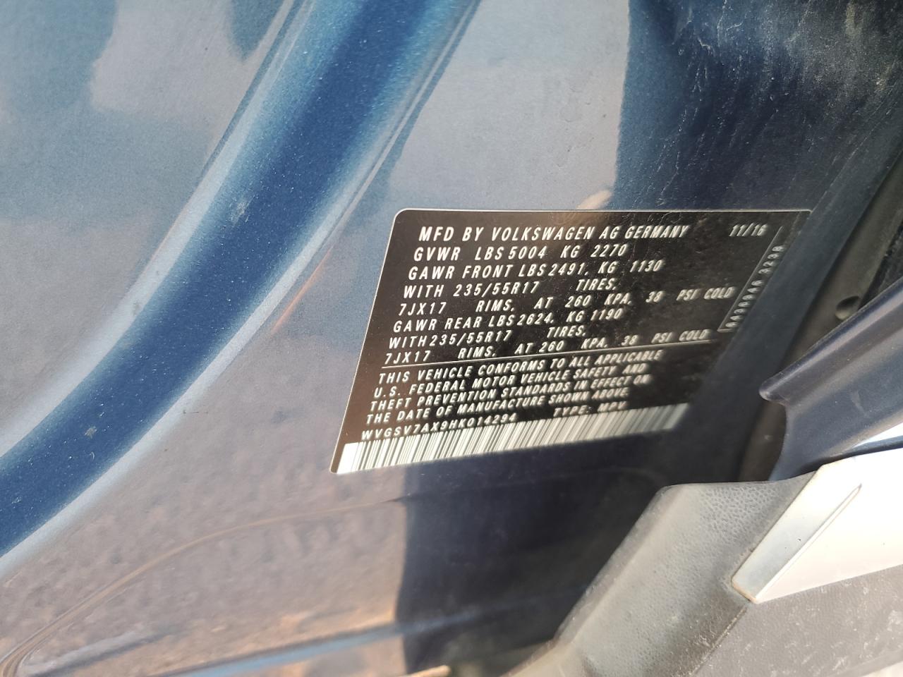 2017 Volkswagen Tiguan Wolfsburg VIN: WVGSV7AX9HK014294 Lot: 62807564