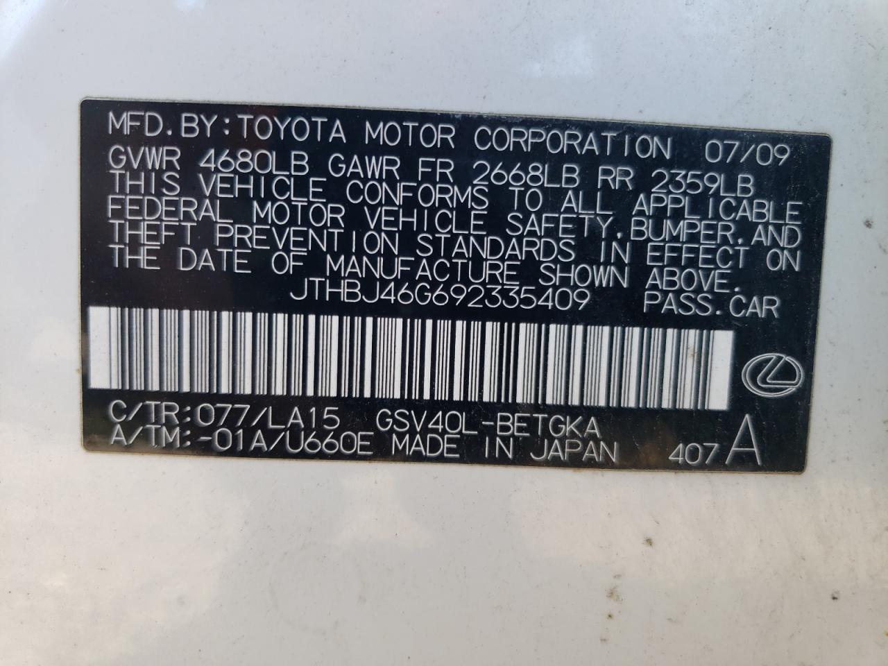 2009 Lexus Es 350 VIN: JTHBJ46G692335409 Lot: 61456844