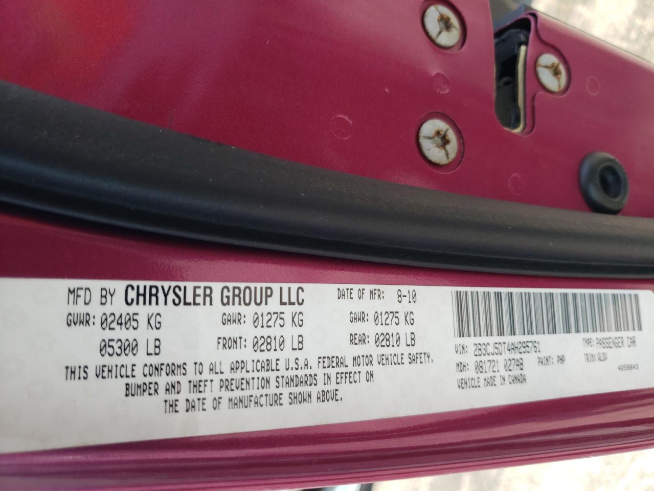 2010 Dodge Challenger R/T VIN: 2B3CJ5DT4AH295761 Lot: 63085934