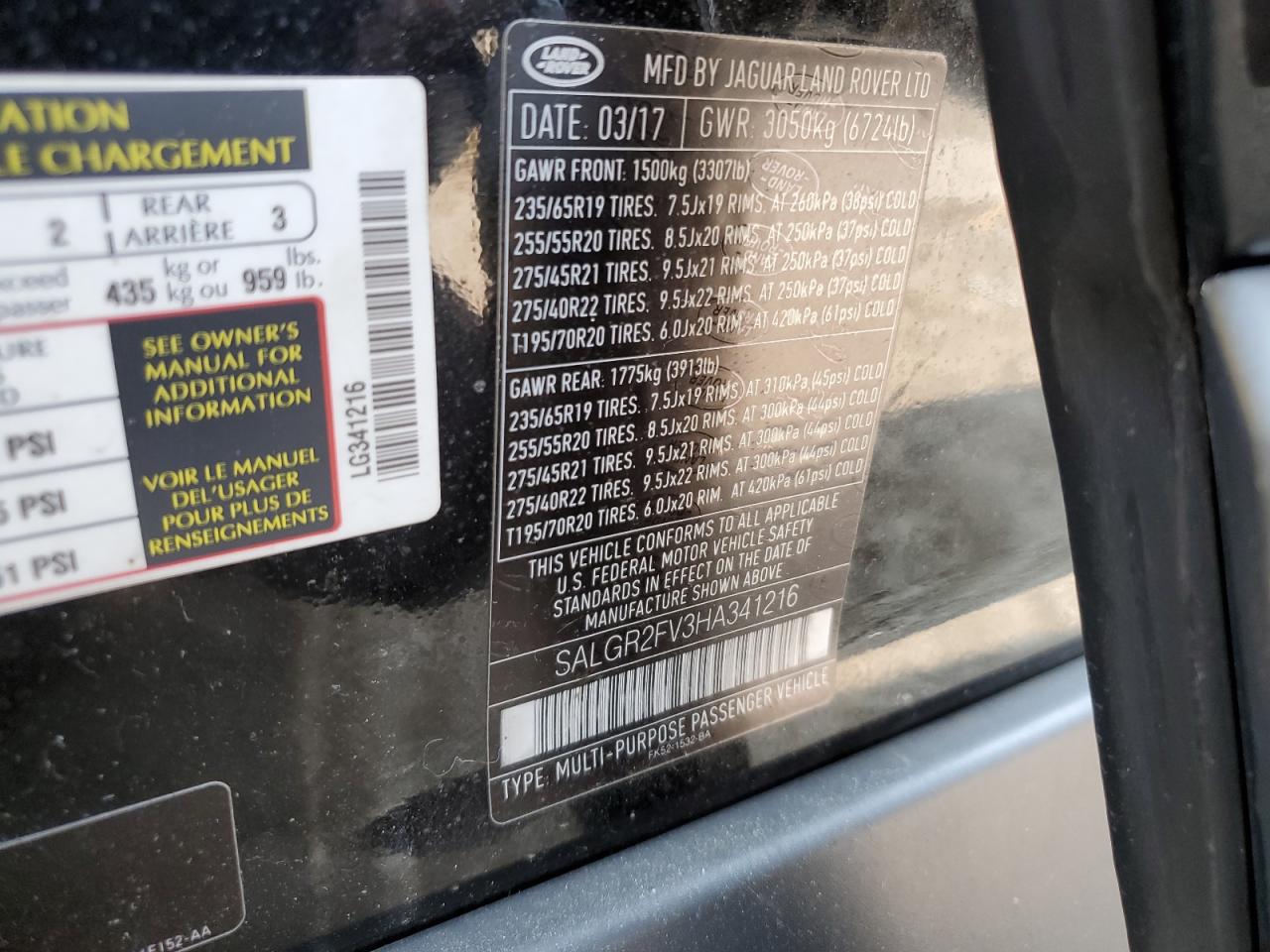 2017 Land Rover Range Rover VIN: SALGR2FV3HA341216 Lot: 64656054