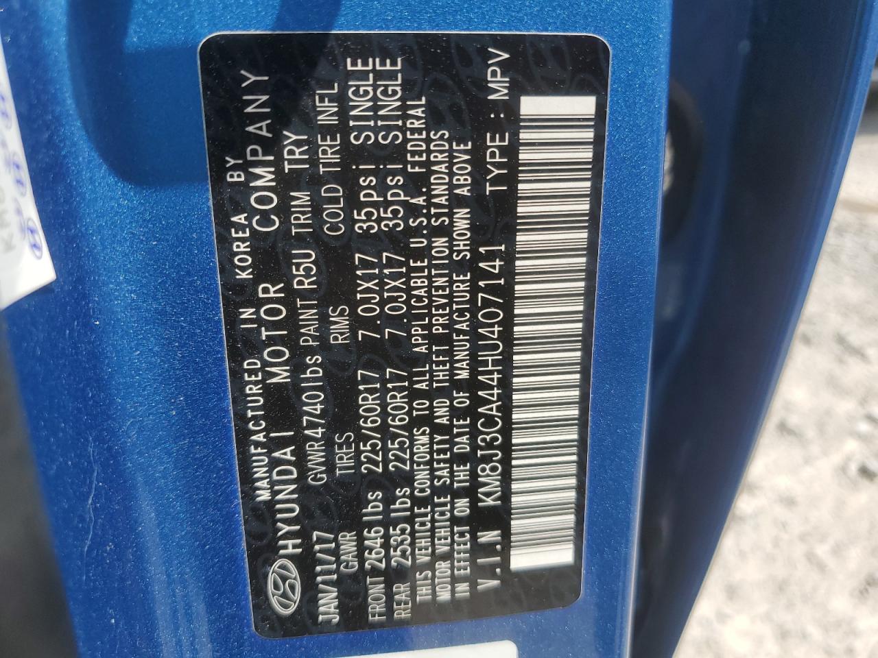 2017 Hyundai Tucson Limited VIN: KM8J3CA44HU407141 Lot: 64629424