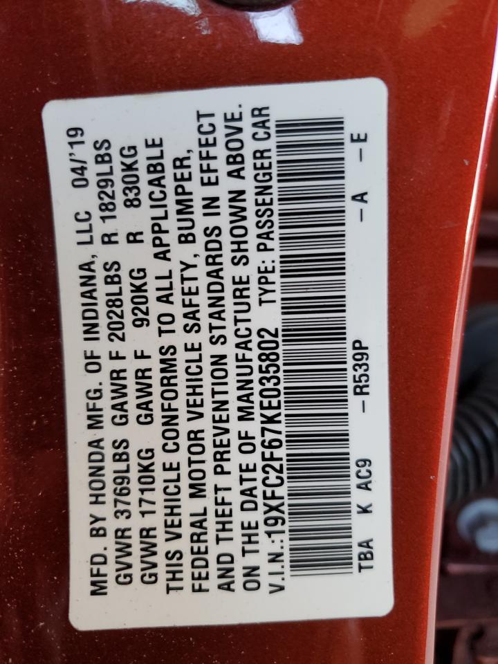 2019 Honda Civic Lx VIN: 19XFC2F67KE035802 Lot: 63883424