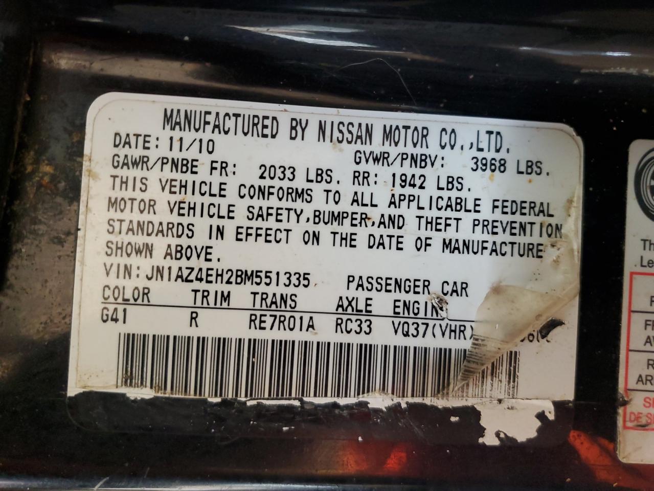 2011 Nissan 370Z Base VIN: JN1AZ4EH2BM551335 Lot: 63443134